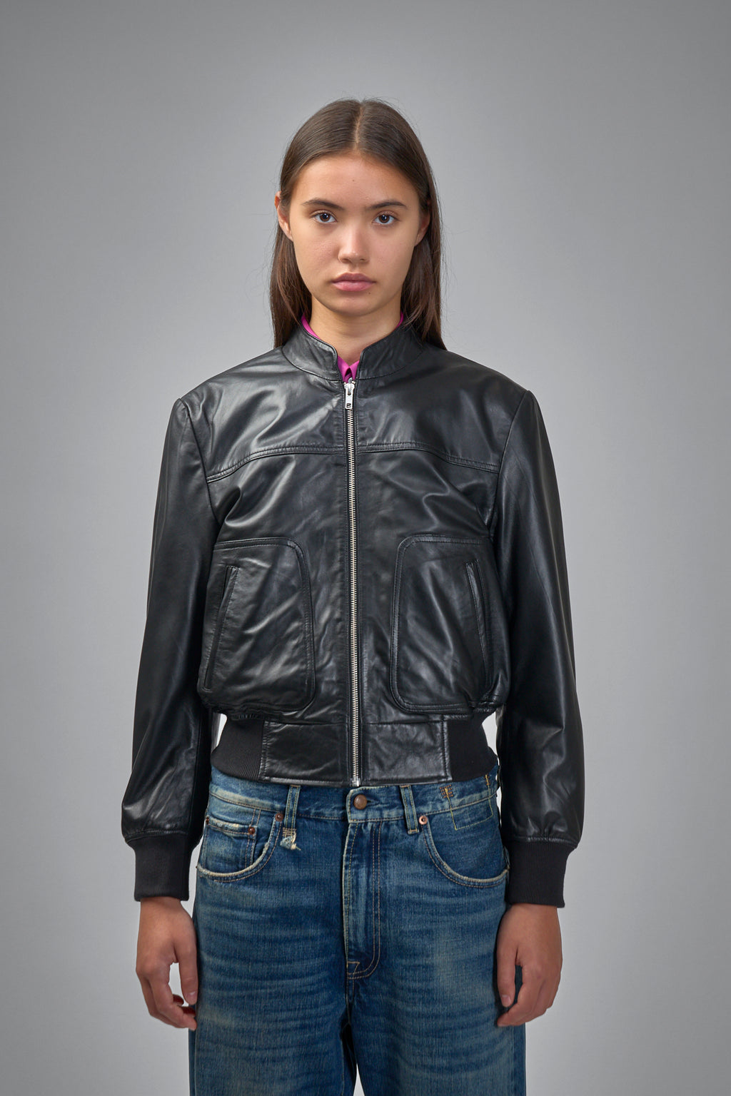 Shrunken Leather Jacket With Stand Collar