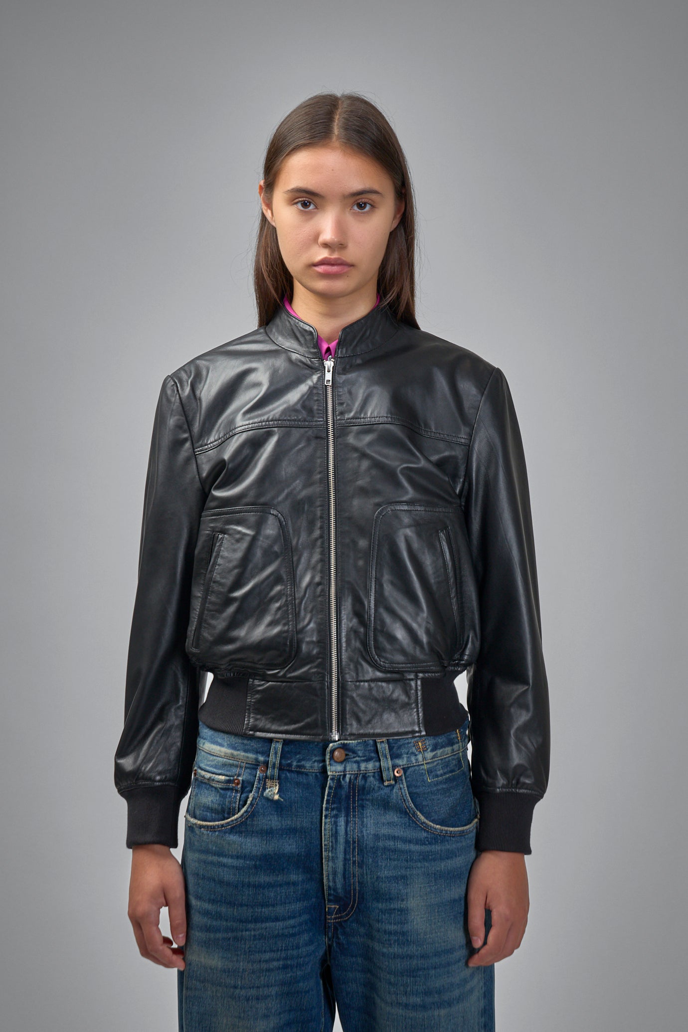 Shrunken Leather Jacket With Stand Collar