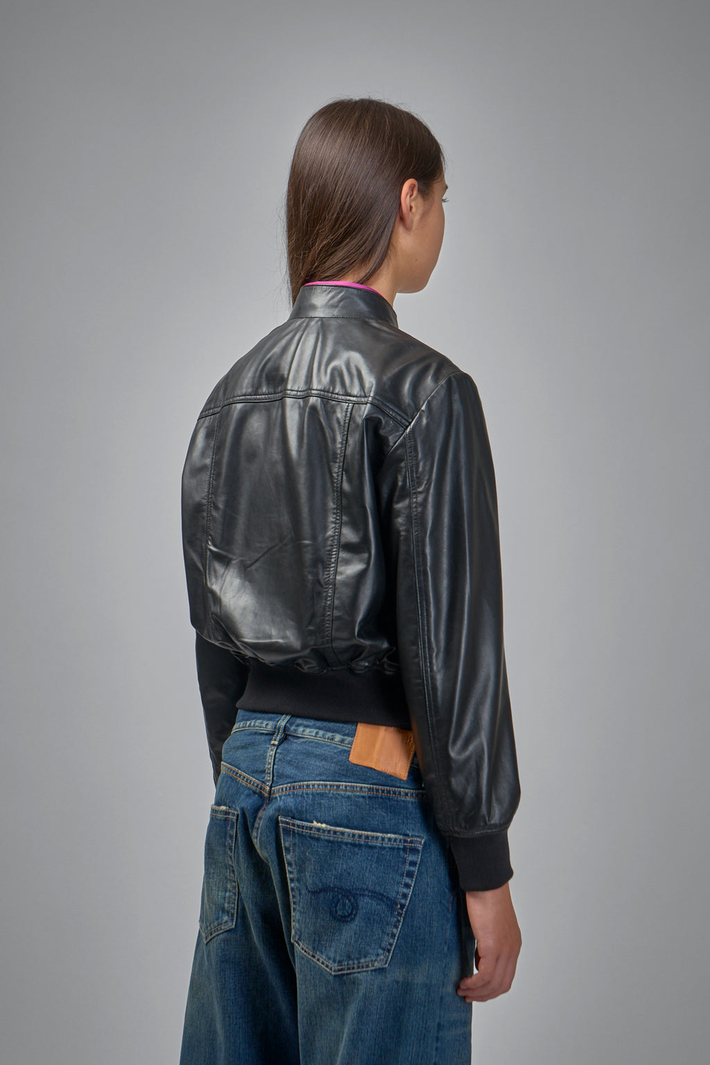 Shrunken Leather Jacket With Stand Collar