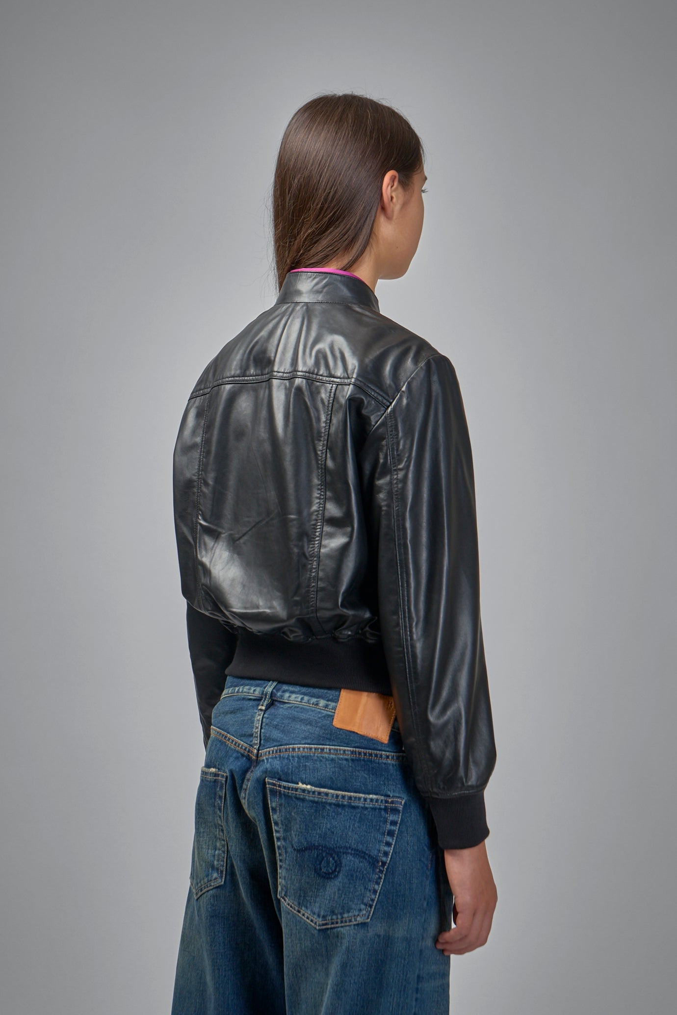Shrunken Leather Jacket With Stand Collar