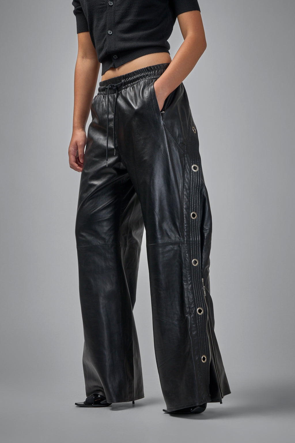 Wide Leg Leather Pant With Trapunto Stitching