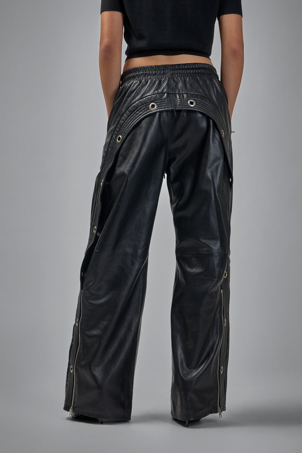Wide Leg Leather Pant With Trapunto Stitching