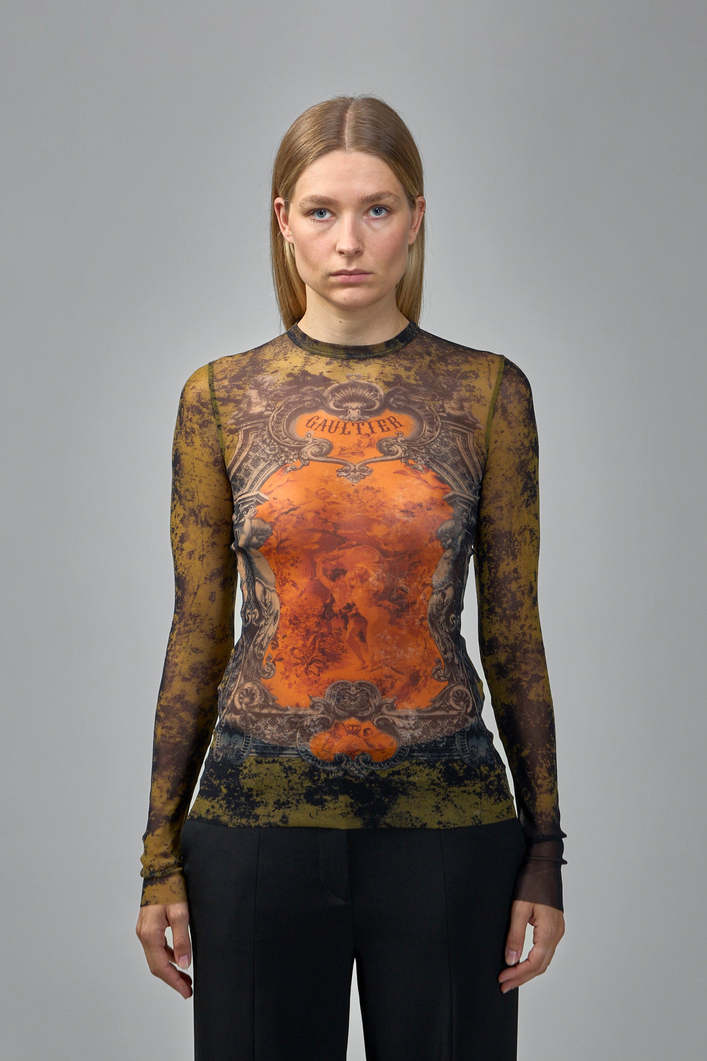 Mesh Long Sleeves Top Printed Médaillon