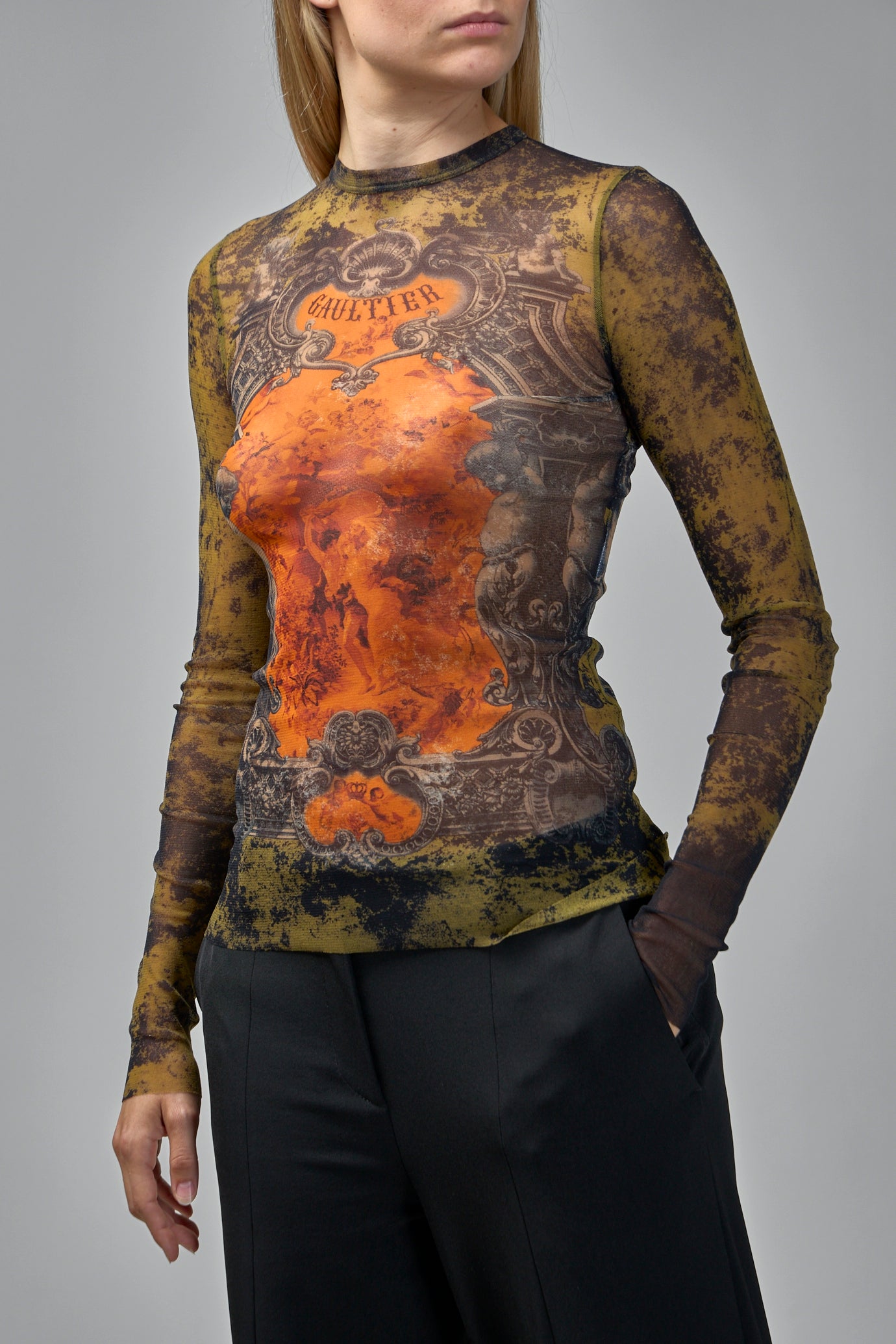 Mesh Long Sleeves Top Printed Médaillon