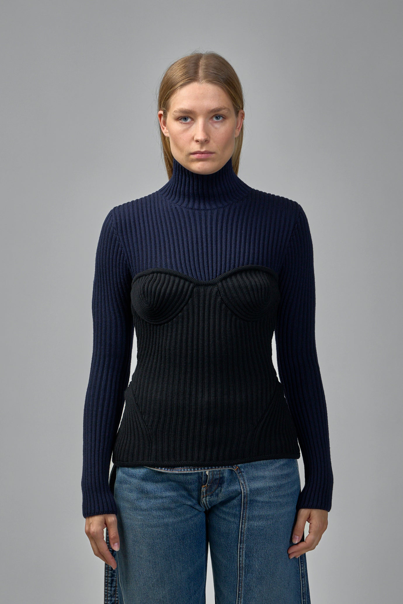 Stretch Merino Wool Ribbed High Neck Sweater
