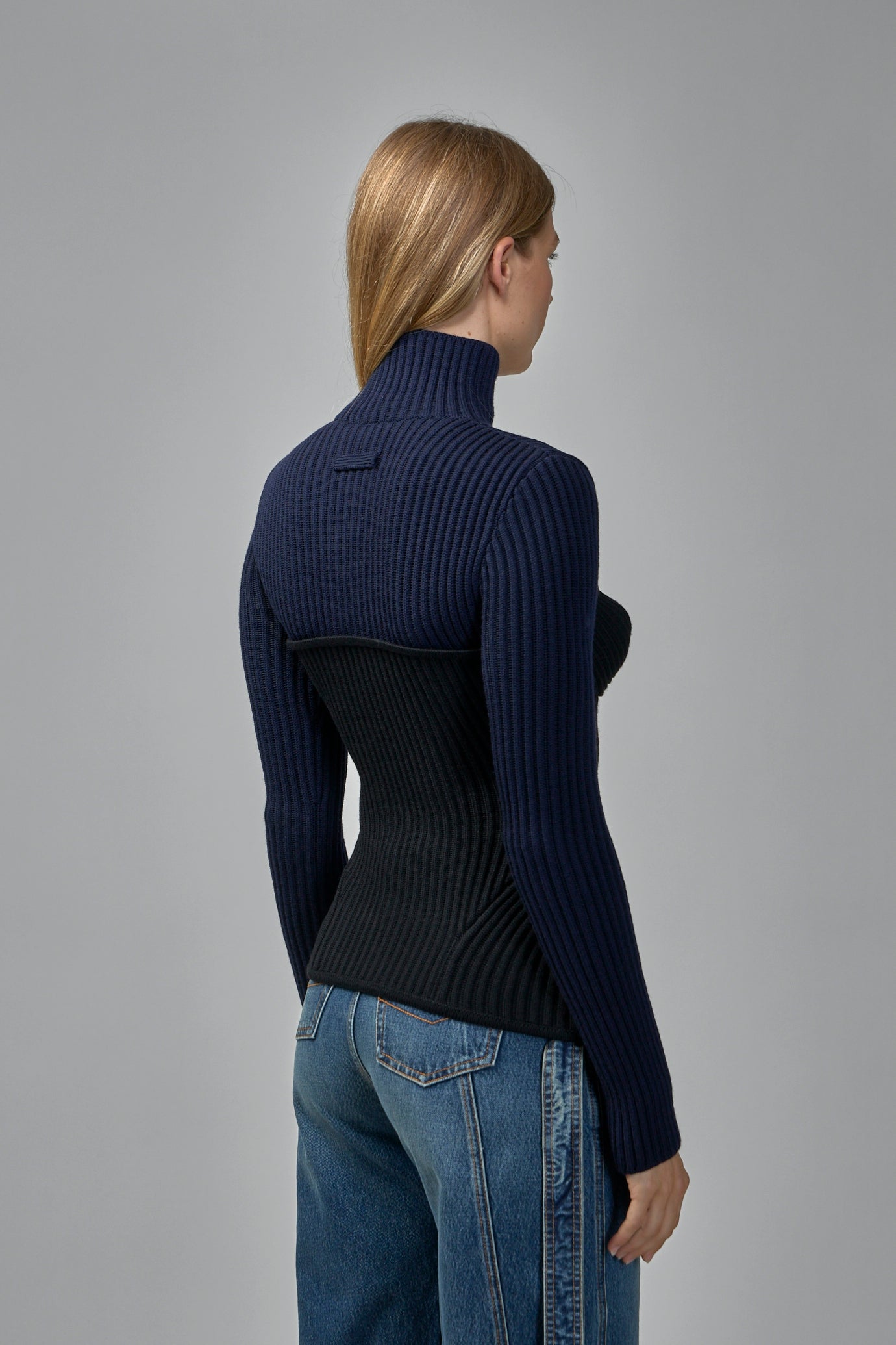 Stretch Merino Wool Ribbed High Neck Sweater