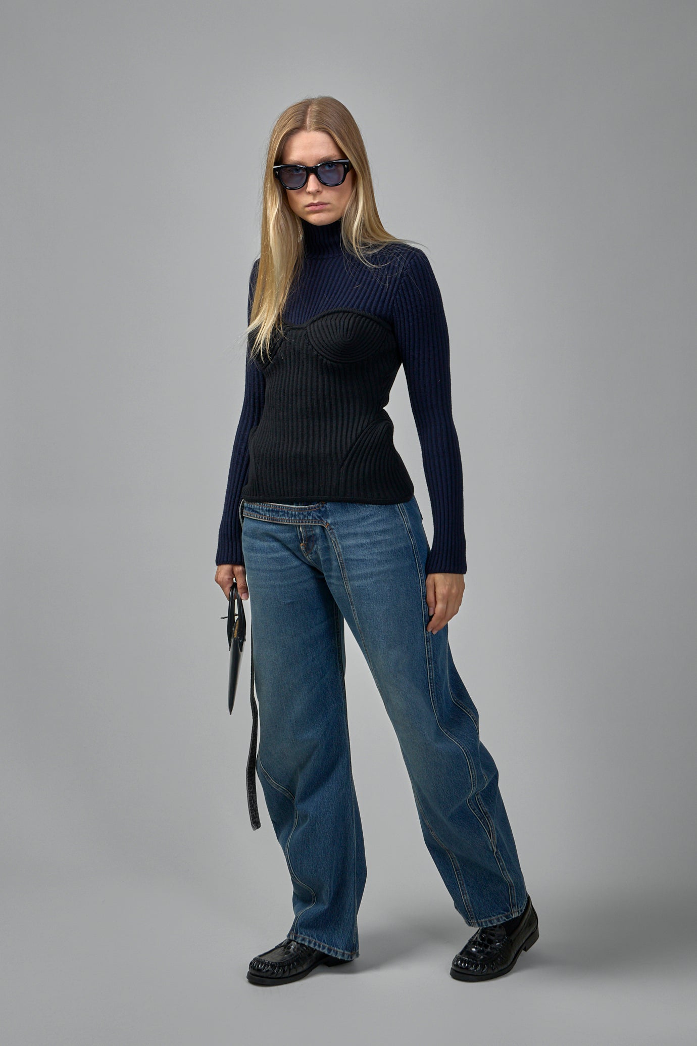 Stretch Merino Wool Ribbed High Neck Sweater