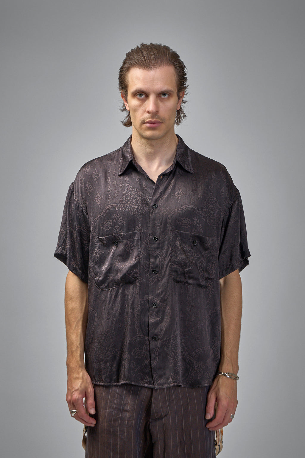 Assymetric Swing Back Exaggerated Volume Short Sleeve Workshirt Hand Dyed