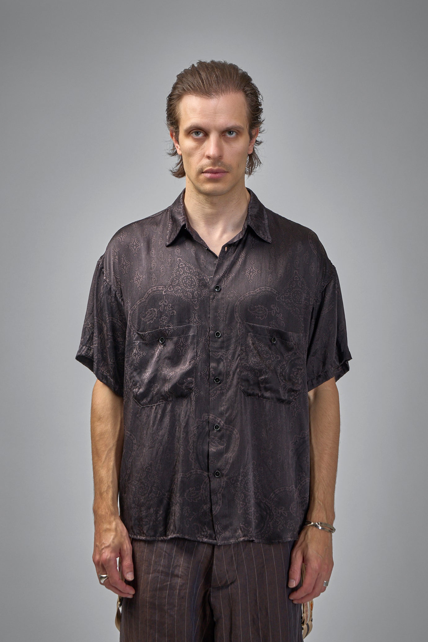 Assymetric Swing Back Exaggerated Volume Short Sleeve Workshirt Hand Dyed