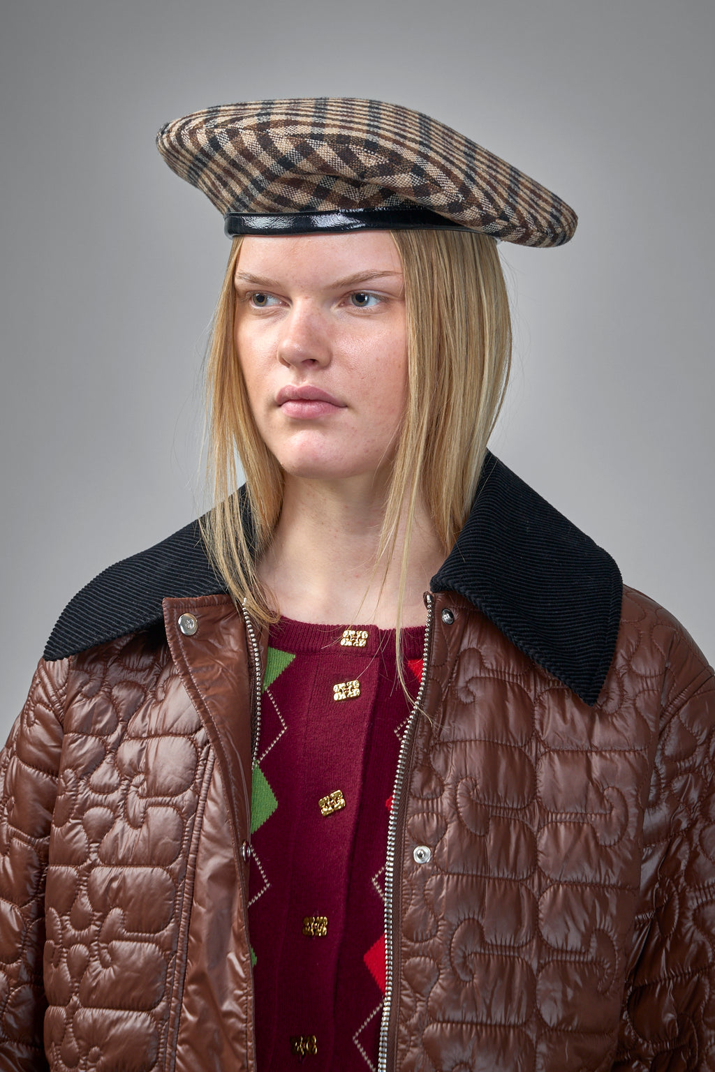 Checked Wool Mix Beret