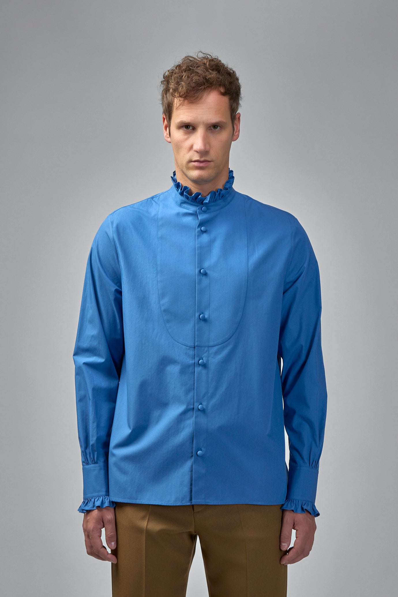 Cotton Poplin Shirt With Plastron And Ruffles