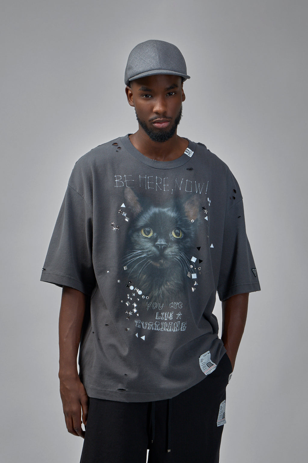 Cat Printed Embellished Distressed T-Shirt