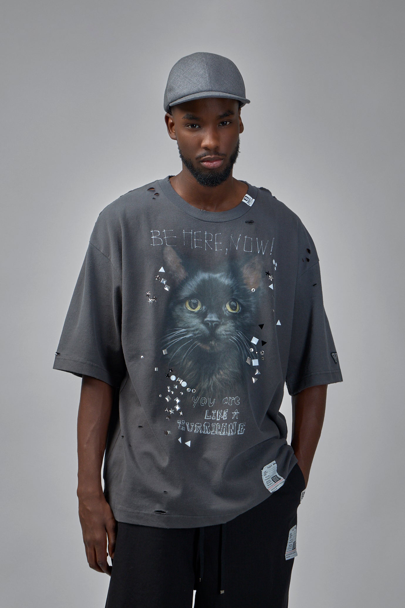 Cat Printed Embellished Distressed T-Shirt