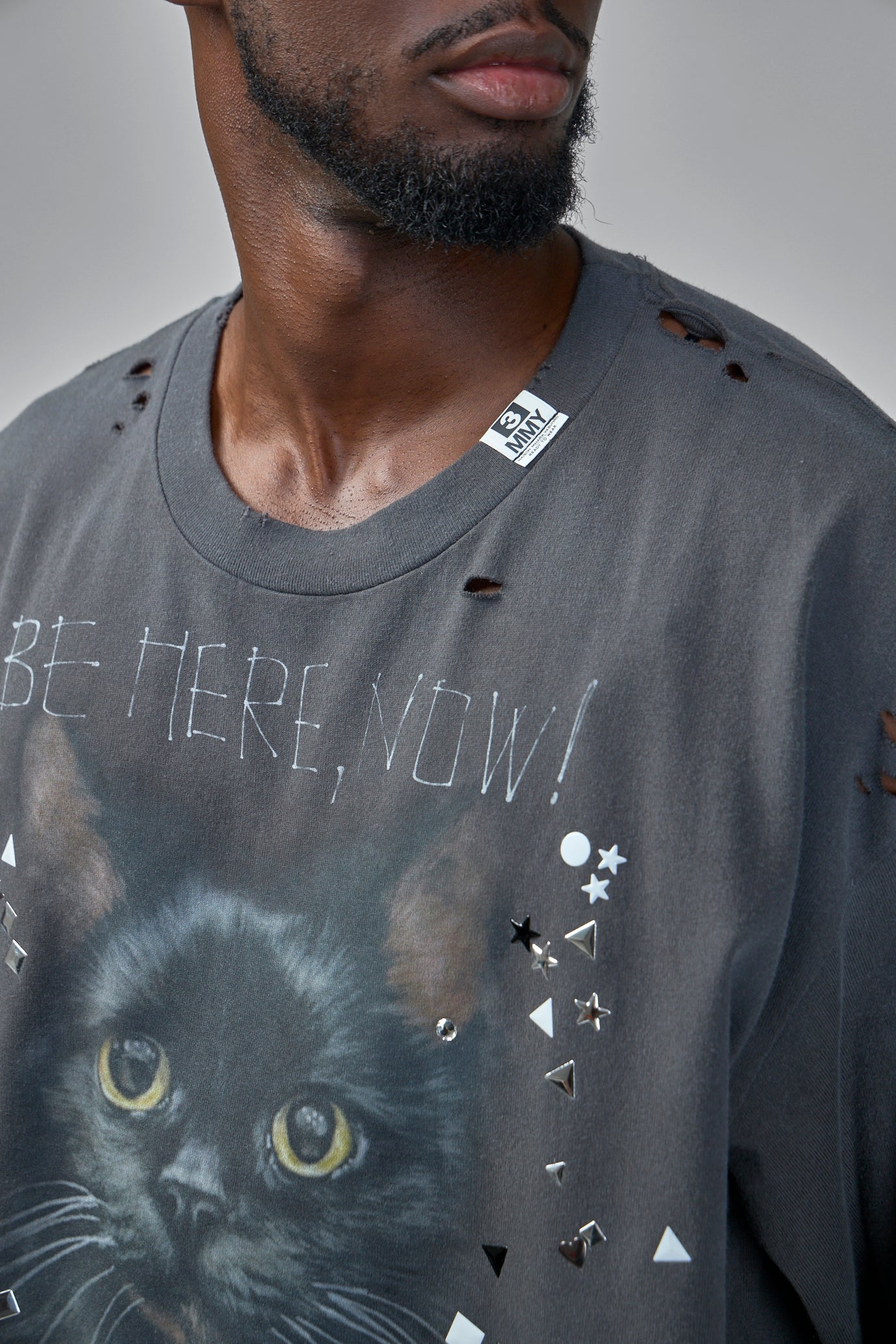 Cat Printed Embellished Distressed T-Shirt
