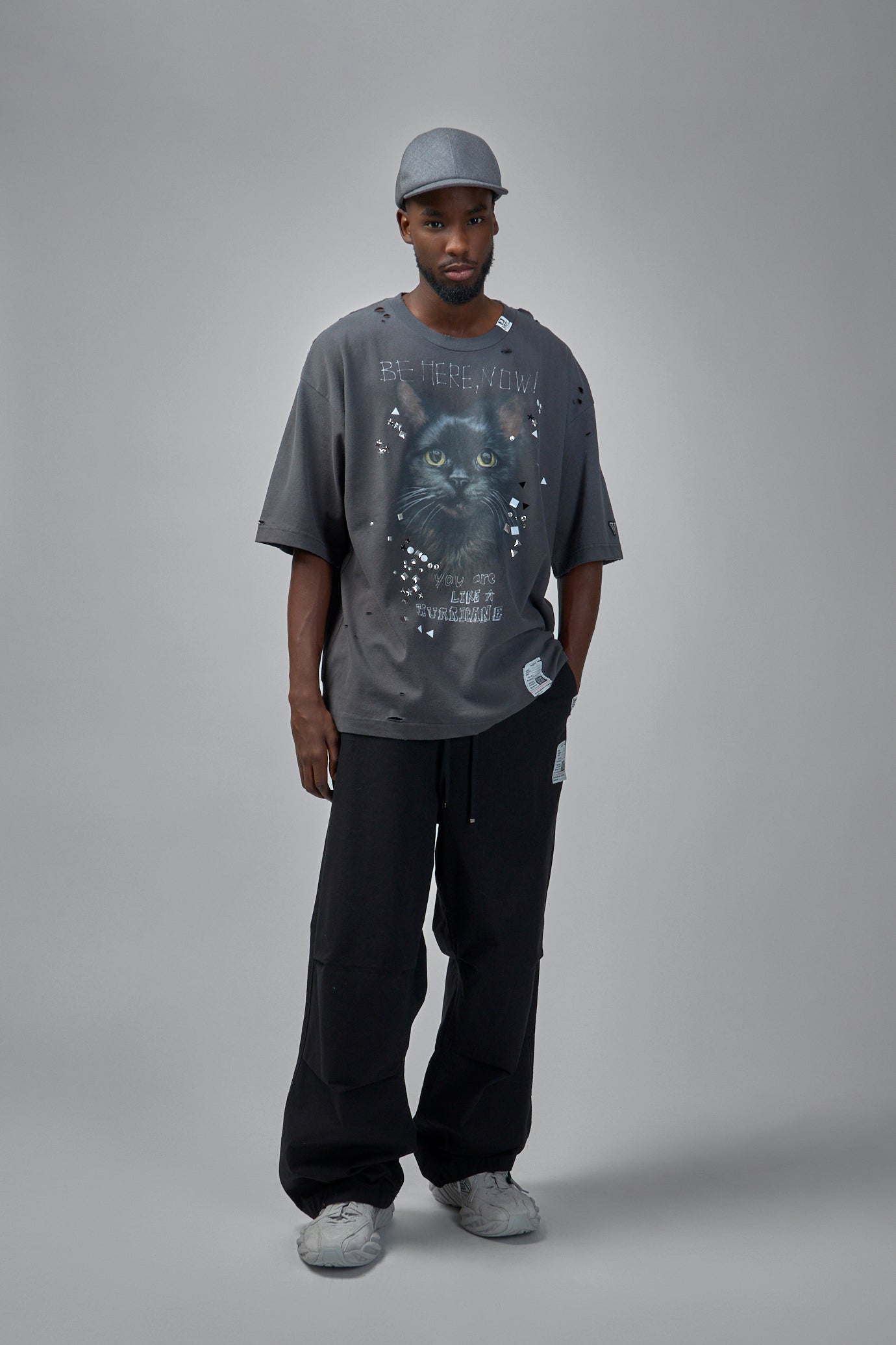 Cat Printed Embellished Distressed T-Shirt