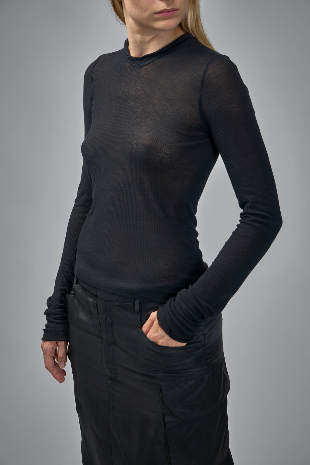 Knit T-Shirt Cropped Hooded Rib LS Tee