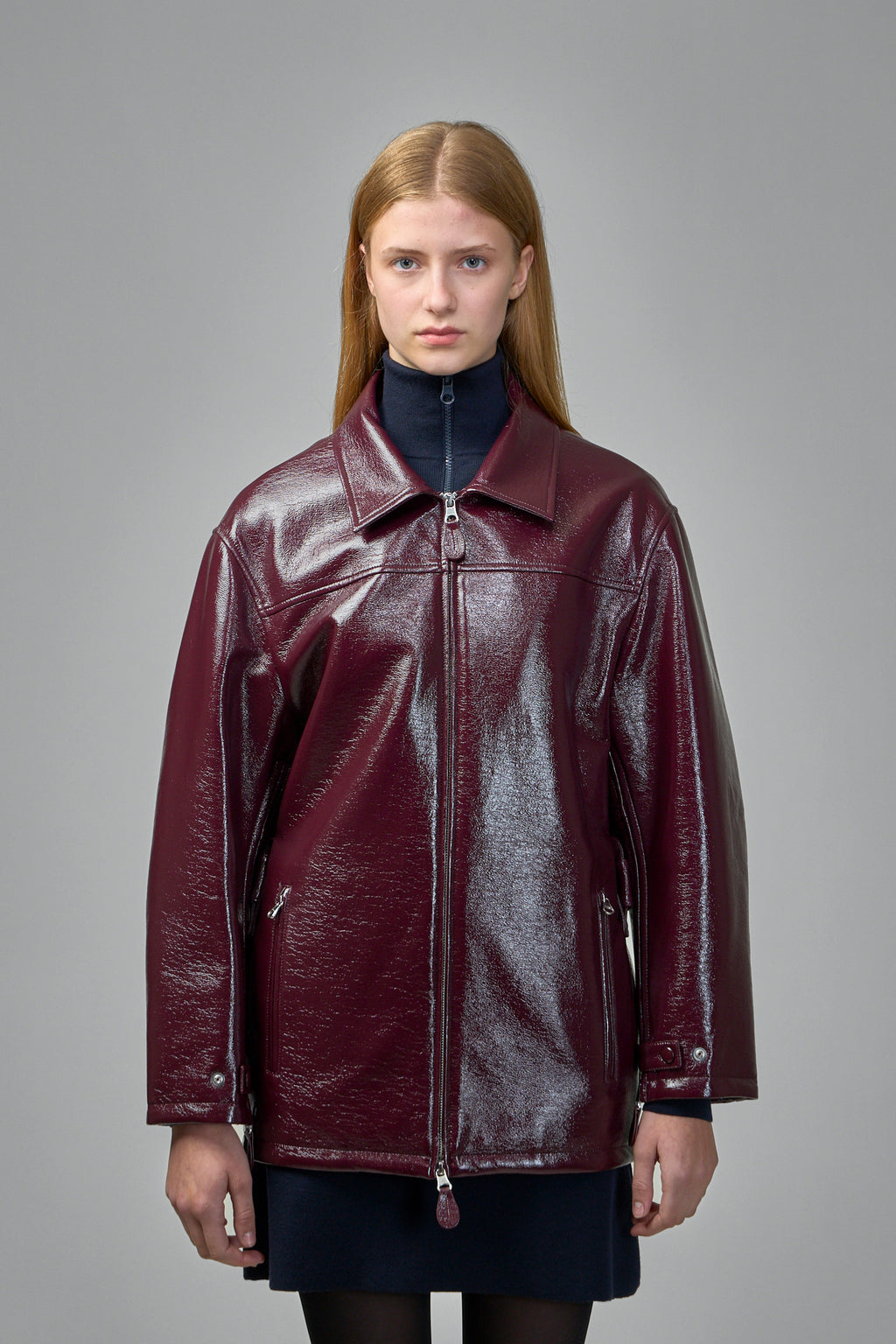 Shiny Bomber Jacket Belted Waist