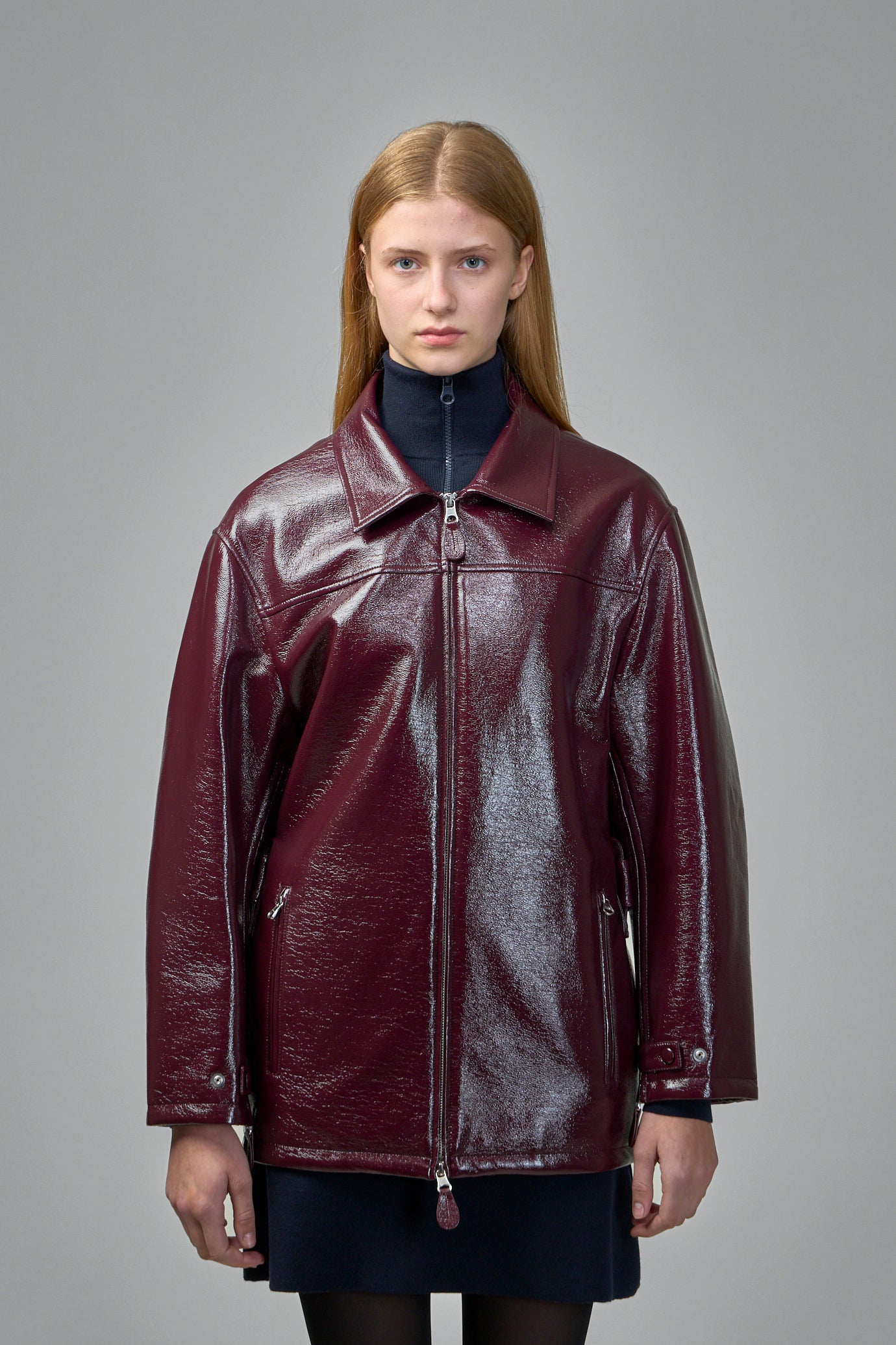 Shiny Bomber Jacket Belted Waist