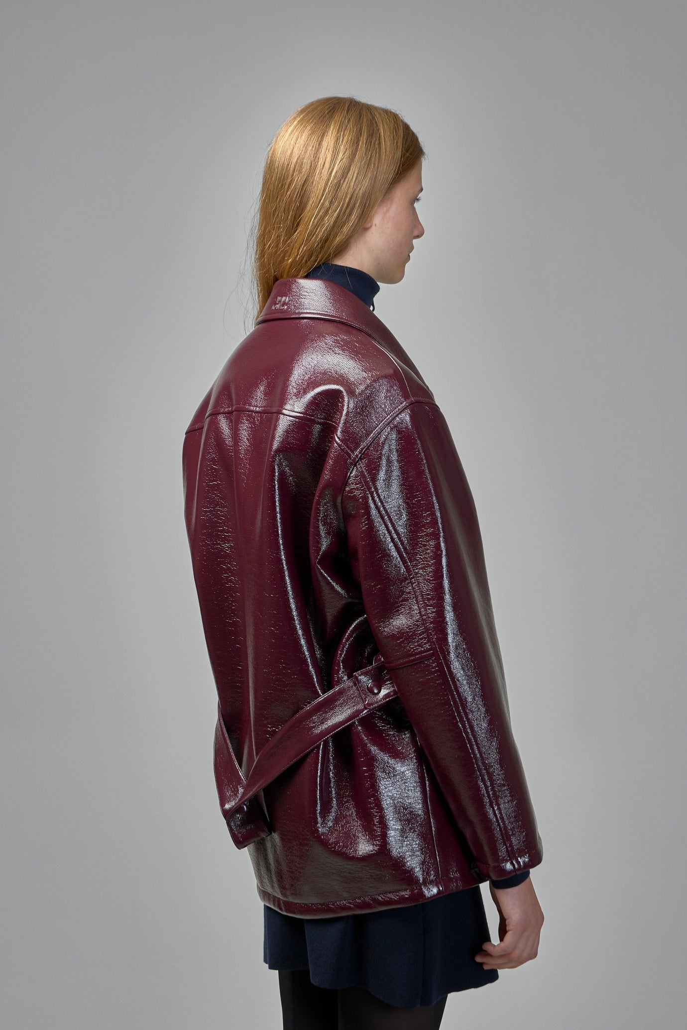 Shiny Bomber Jacket Belted Waist