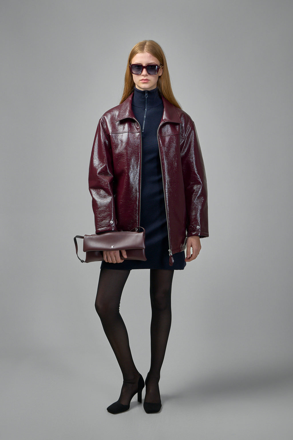 Shiny Bomber Jacket Belted Waist