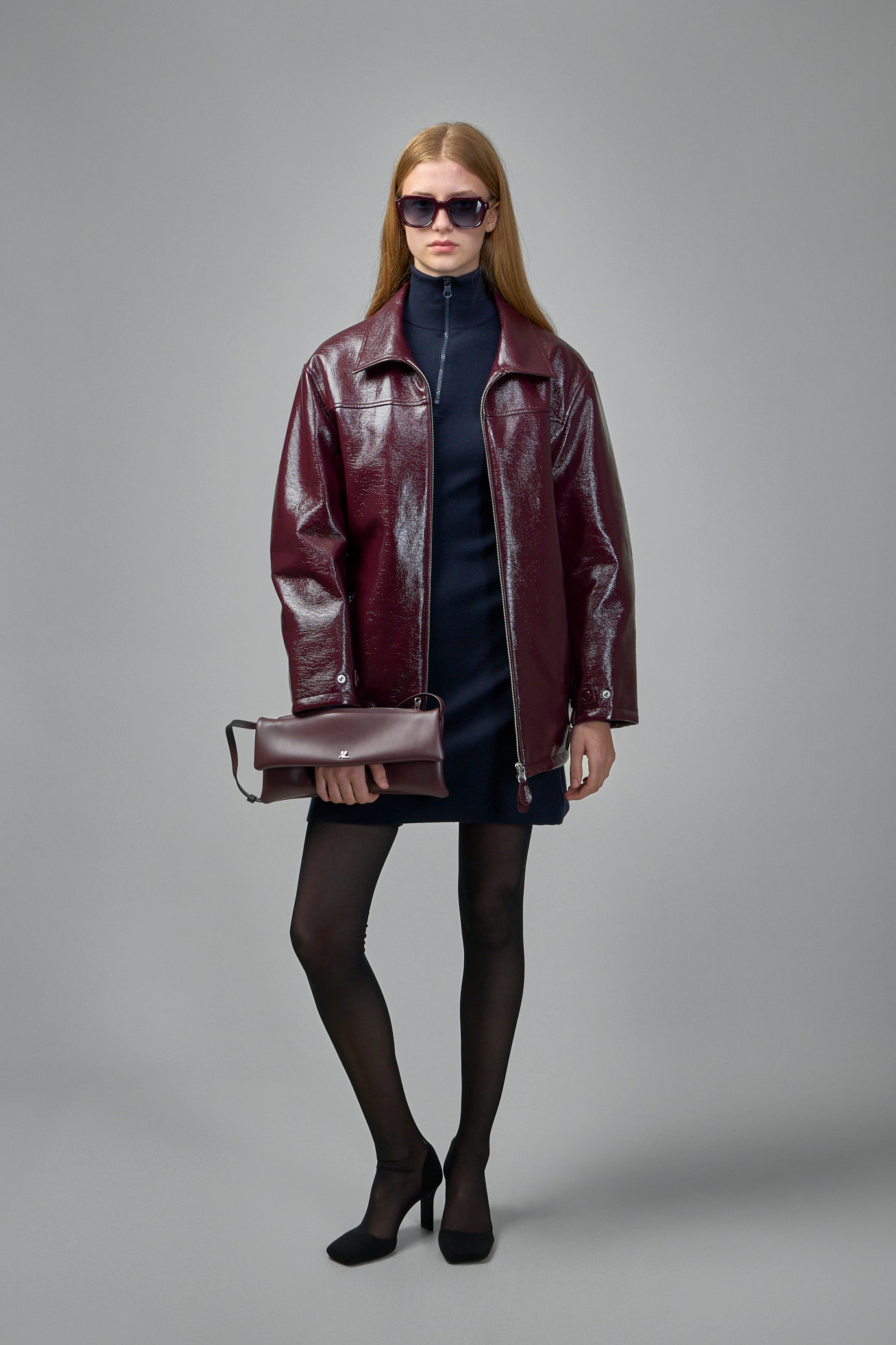 Shiny Bomber Jacket Belted Waist