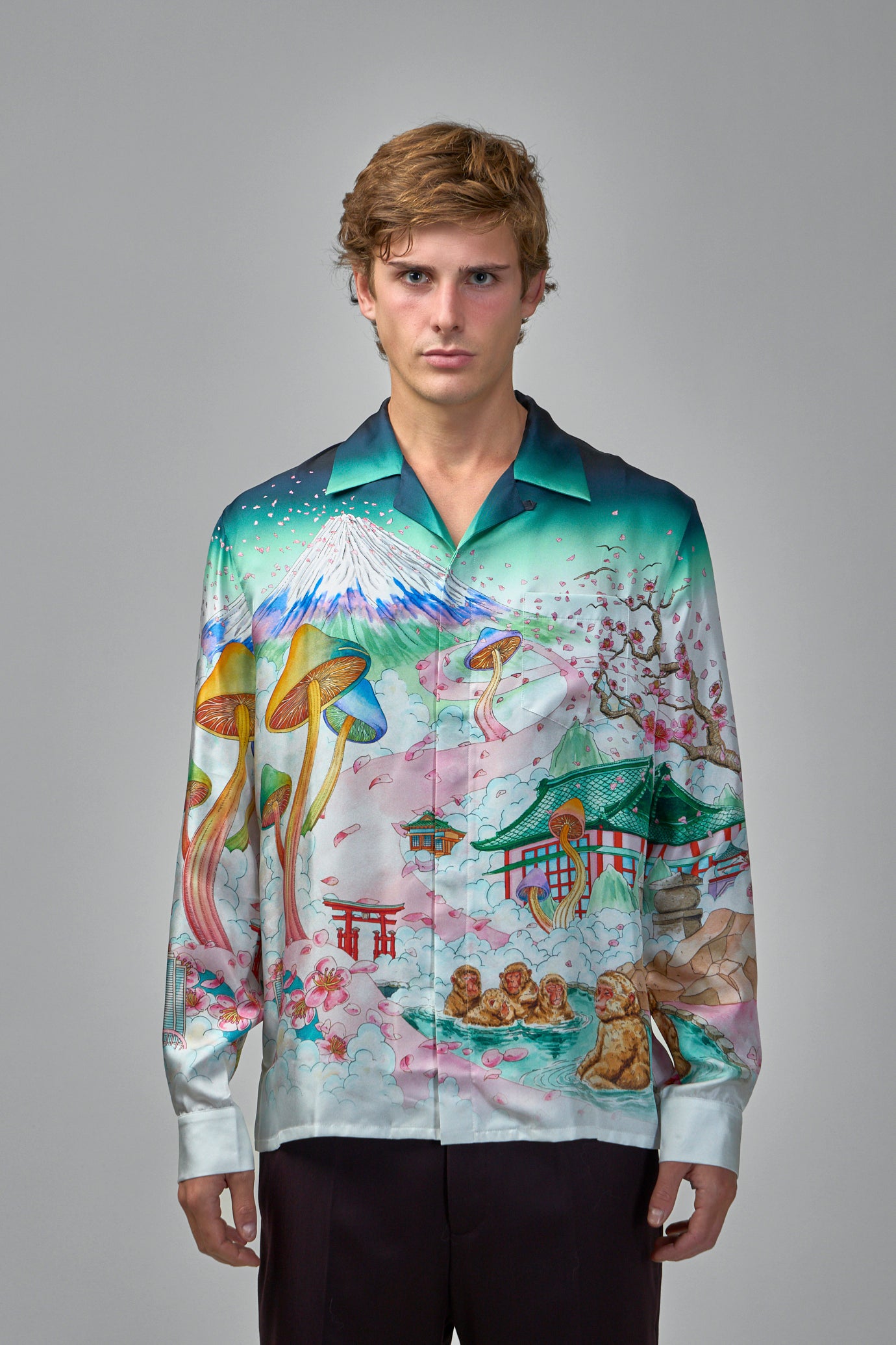 Flowers Silk Twill Cuban Collar Shirt