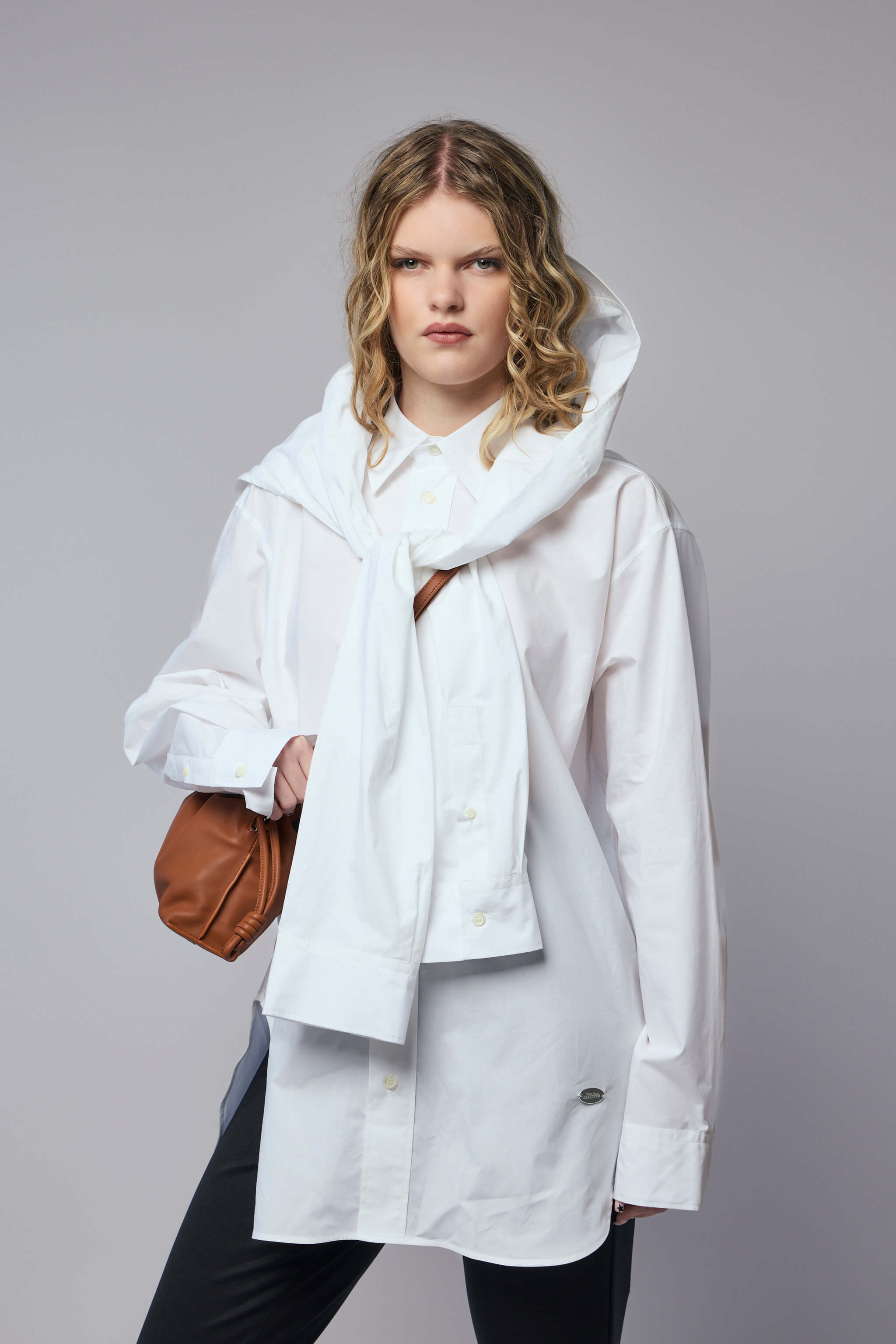 Oversize Shirt with Hood Sleeve Scarf Detail