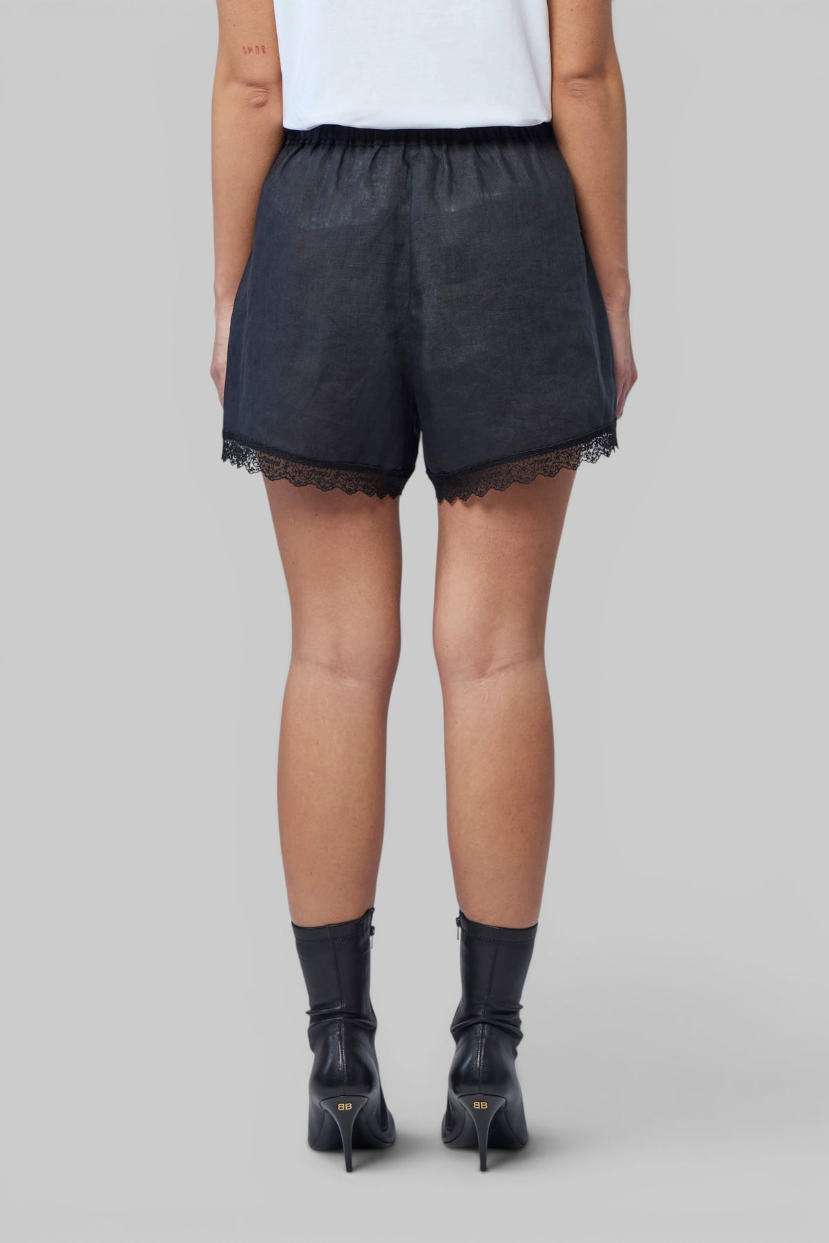 Detail shot of recycled fabric texture on Ganni shorts