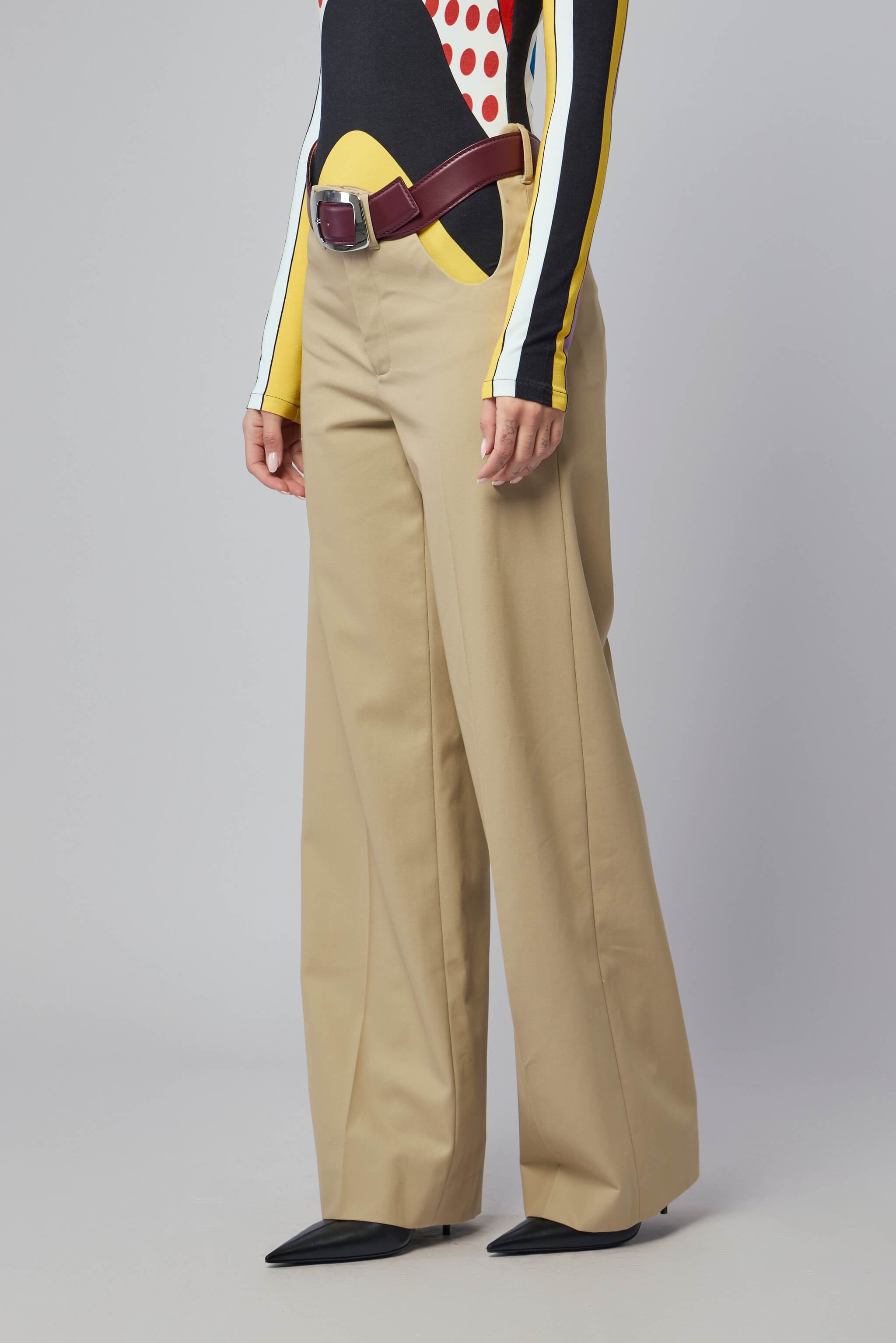 Chino Trousers With Open Front Curves And Belt