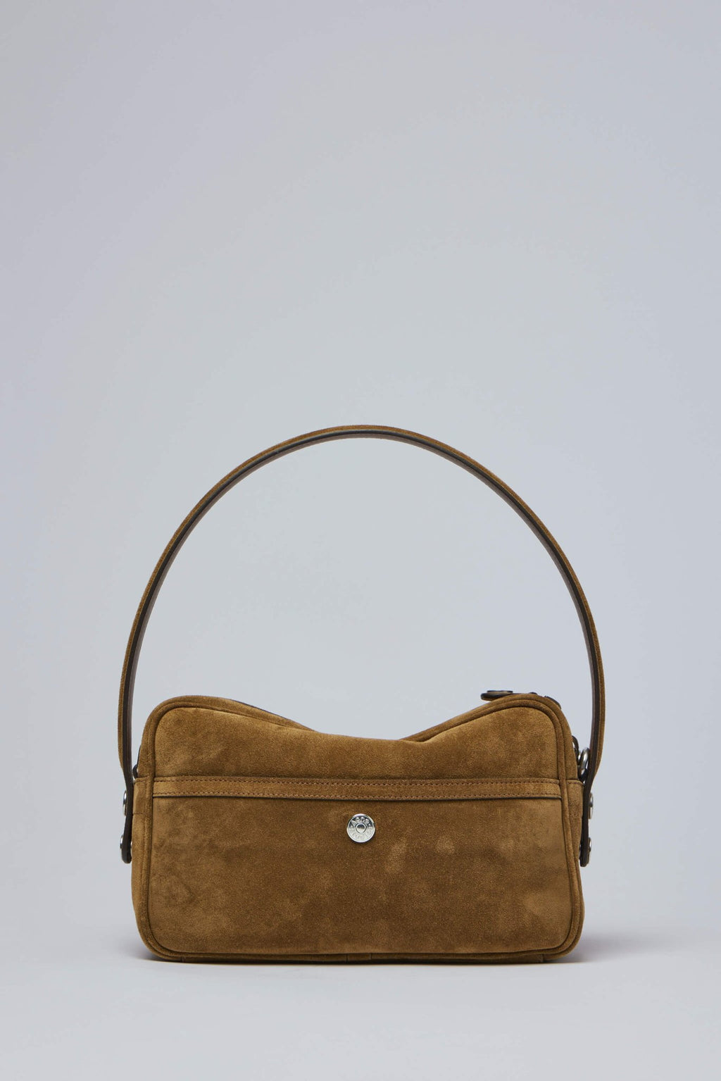 Acne Studios - Camero Party Suede V - LABELS - Side profile of brown suede shoulder bag with structured handle and multiple zip compartments