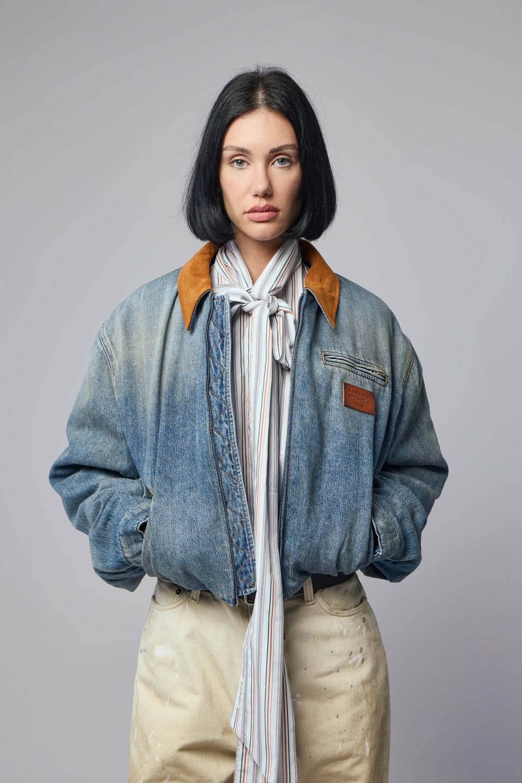 Acne Studios - Denim Button‑up Shirt - LABELS - Acne Studios bomber jackets in denim texture with brown leather collar