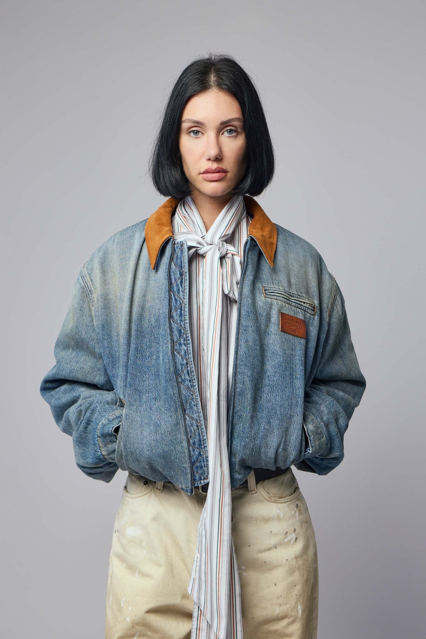 Acne Studios - Denim Button‑up Shirt - LABELS - Acne Studios bomber jackets in denim texture with brown leather collar