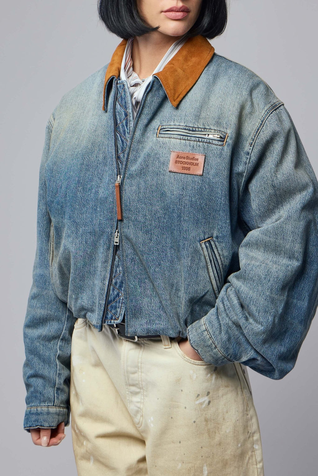 Acne Studios - Denim Button‑up Shirt - LABELS - Model wearing Acne Studios denim bomber jacket with front zipper detail