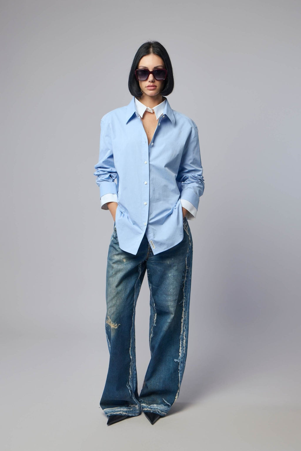 Acne Studios - Layered button‑up - LABELS - Fabric texture detail of premium cotton Acne Studios blouse