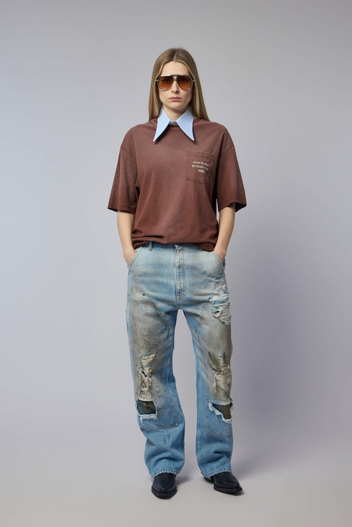 Detail shot of crew neckline on Acne Studios cotton t-shirt