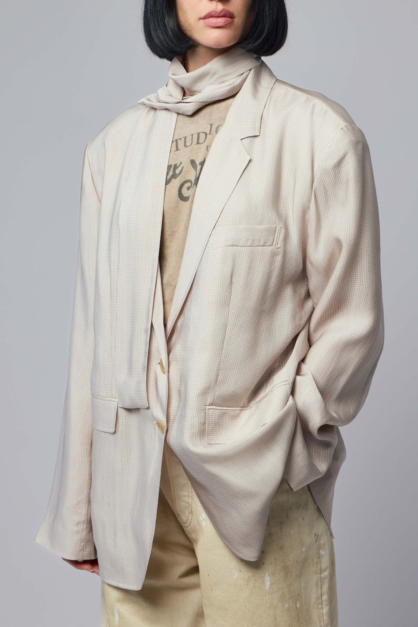 Acne Studios - Runway Denim Button‑up Shirt - LABELS - Model wearing relaxed fit Acne Studios blazer with tailored styling