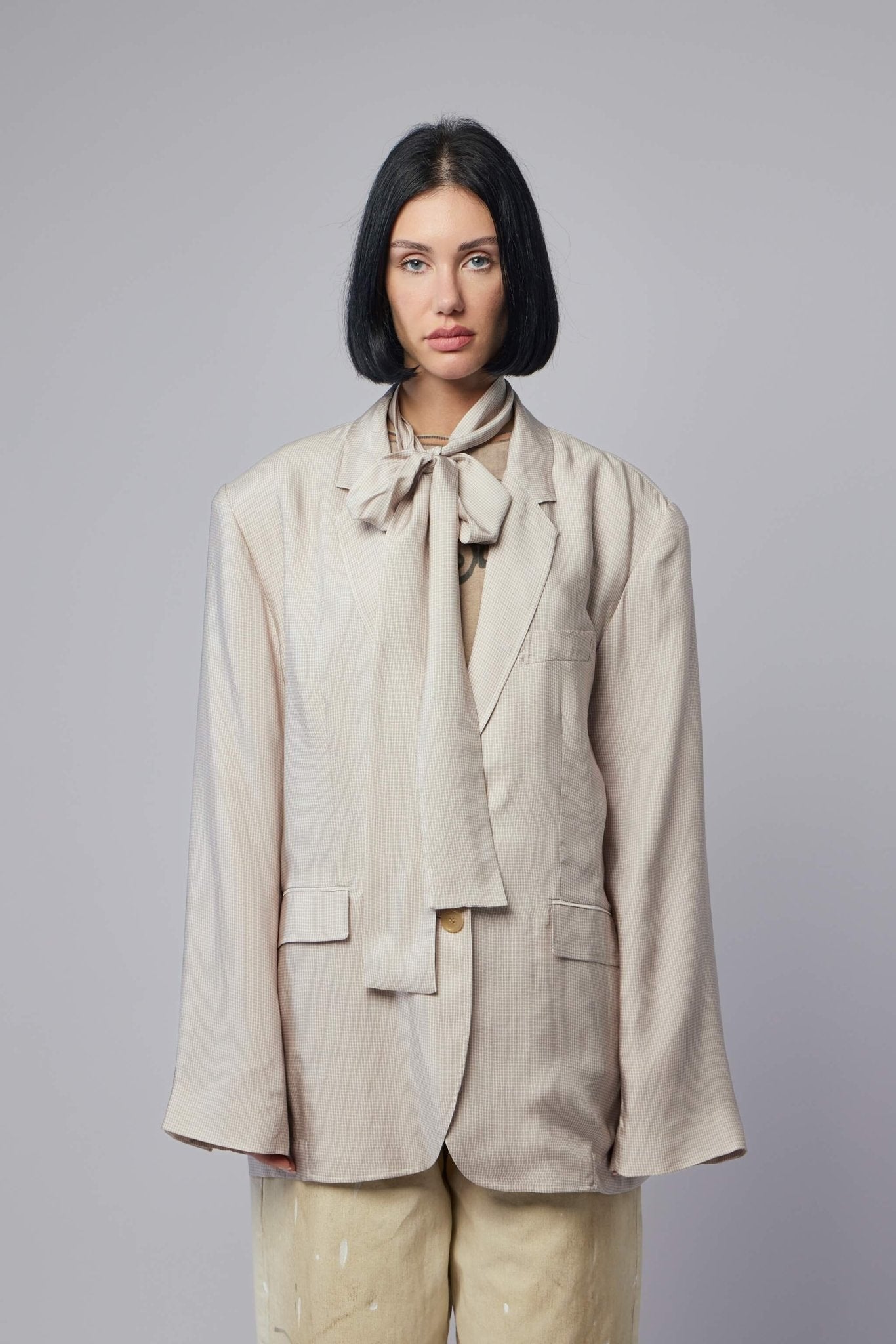 Acne Studios - Runway Denim Button‑up Shirt - LABELS - Close-up of unique scarf tie detail on Acne Studios blazer