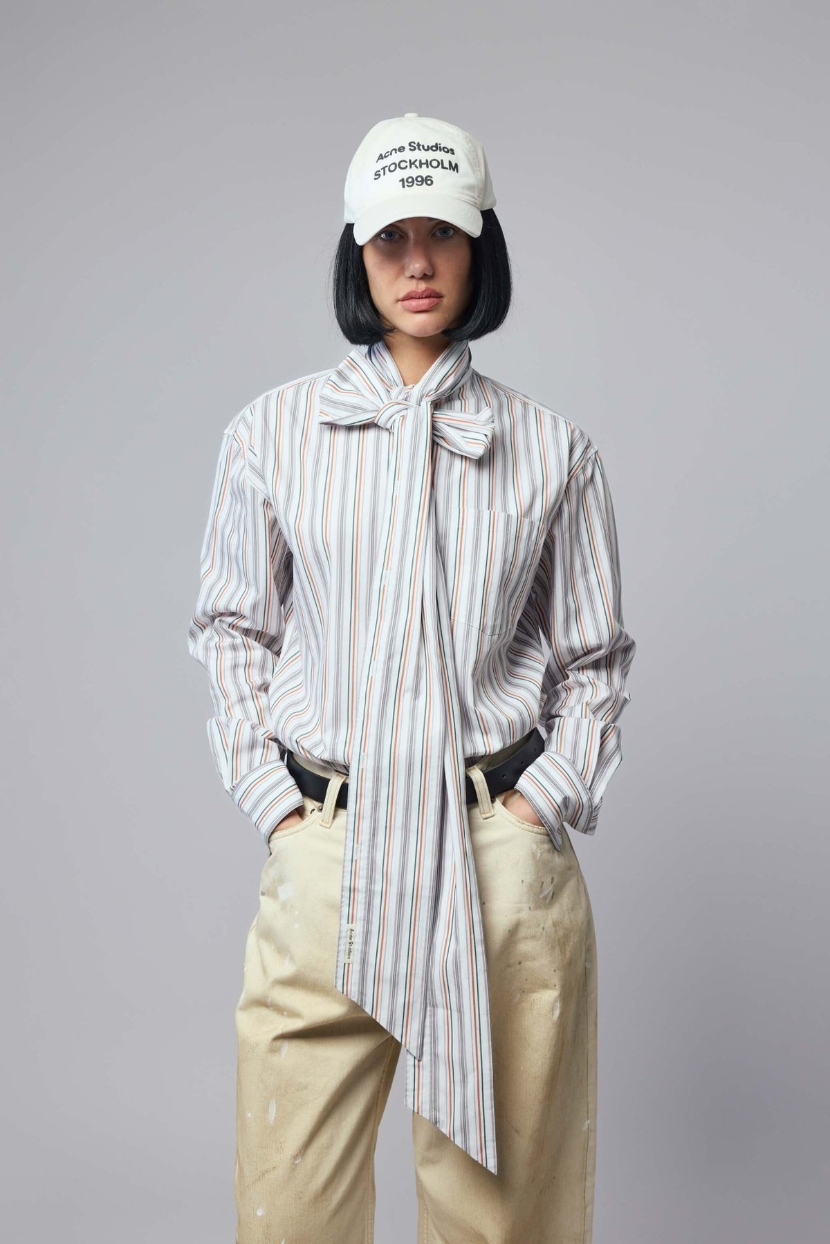Acne Studios Striped Blouse with Scarf featuring bow tie detail and front pocket