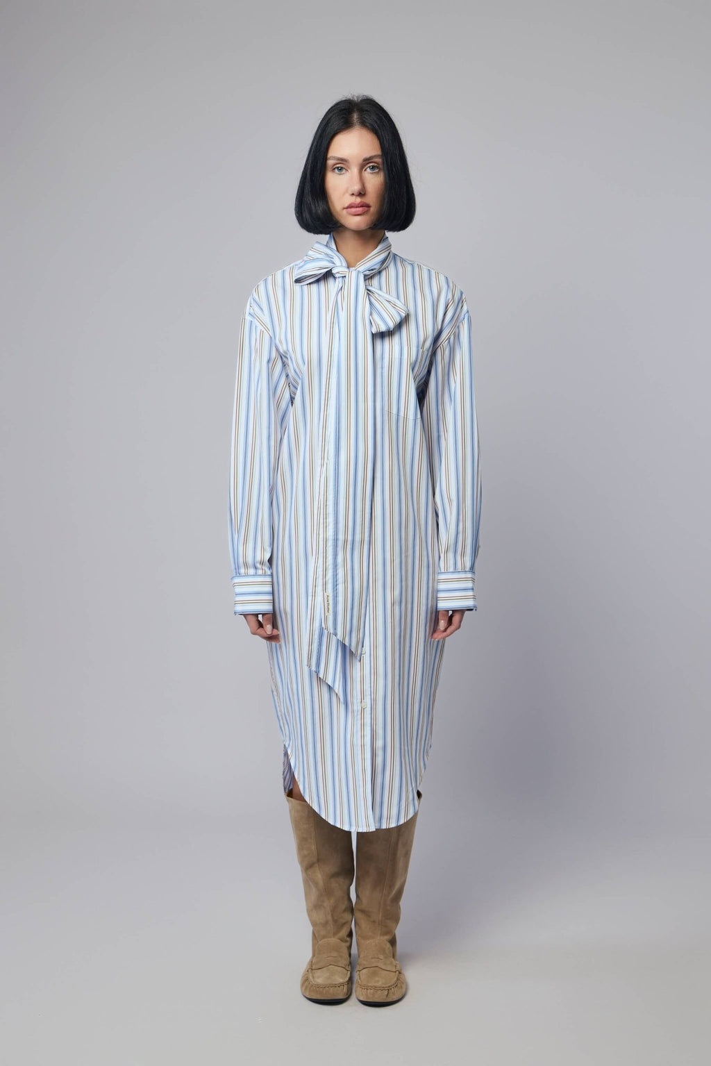 Acne Studios - Striped Shirt Dress - LABELS - Model wearing relaxed fit cotton midi dress with long sleeves - Model wearing relaxed fit striped midi dress with long sleeves and button front closure