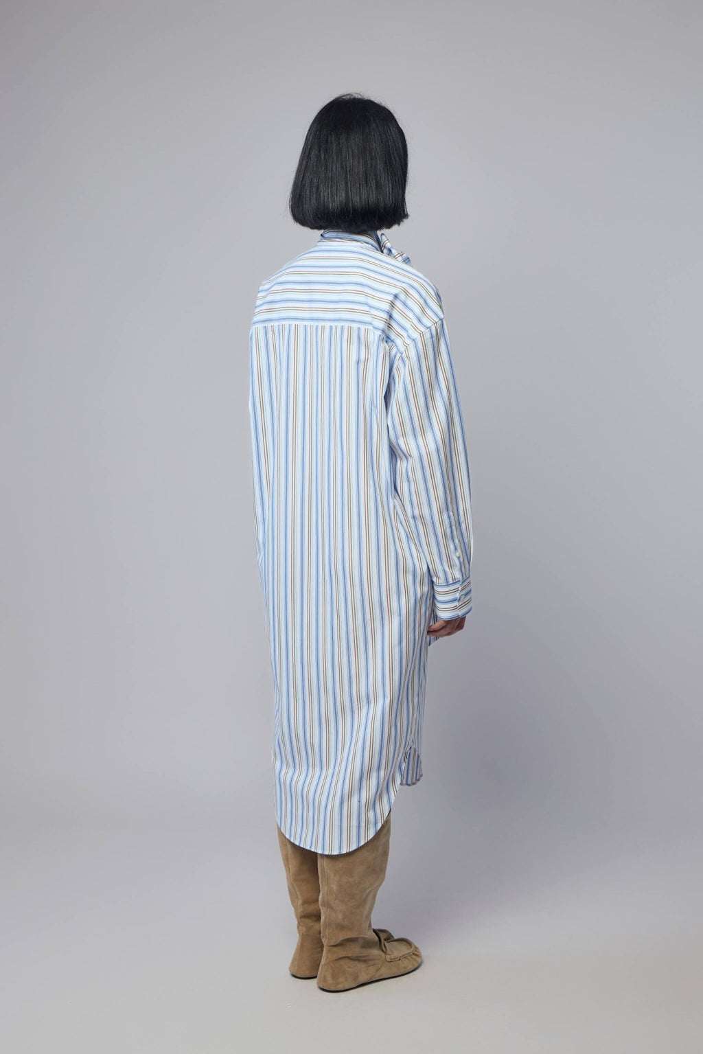 Acne Studios - Striped Shirt Dress - LABELS - Detail shot of single chest pocket on striped midi dress - Detail shot of vertical stripe pattern and button front closure on cotton dress