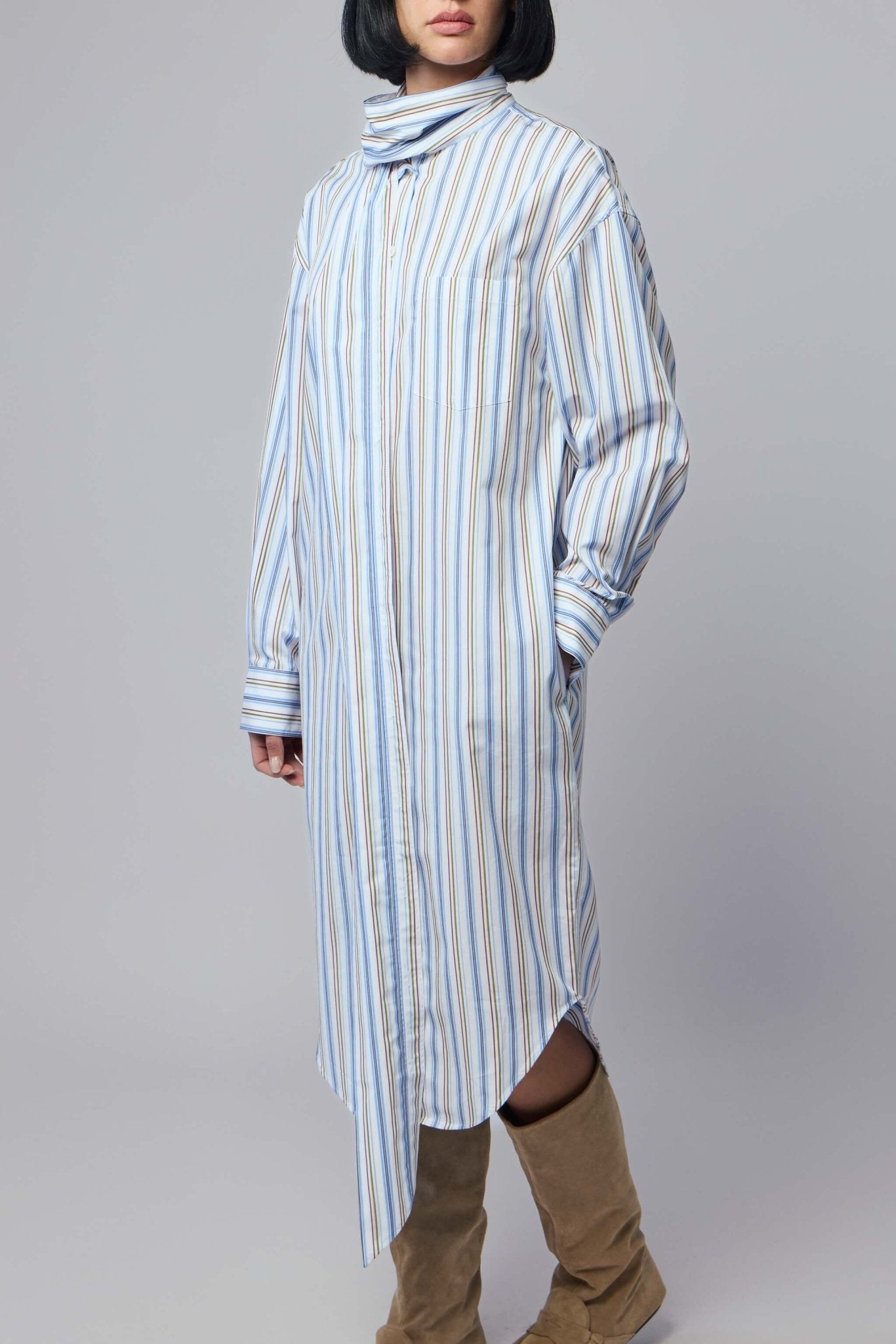 Acne Studios - Striped Shirt Dress - LABELS - Close-up of bow tie collar detail on striped shirt dress - Close-up detail of bow tie collar and chest pocket on striped cotton dress