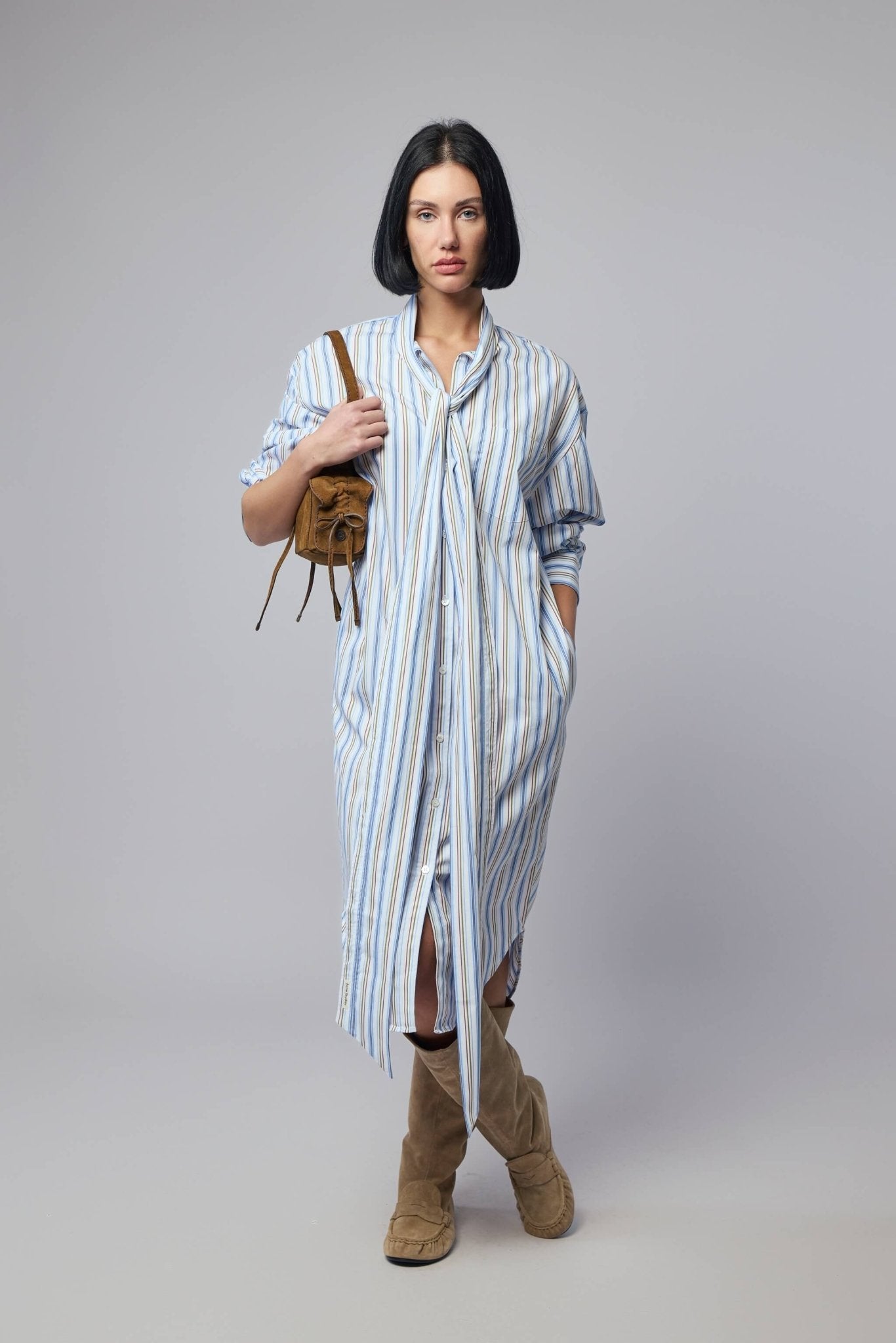 Acne Studios - Striped Shirt Dress - LABELS - Acne Studios striped shirt dress in vertical stripes with bow tie collar - Acne Studios striped shirt dress in vertical black and white stripes with bow tie collar