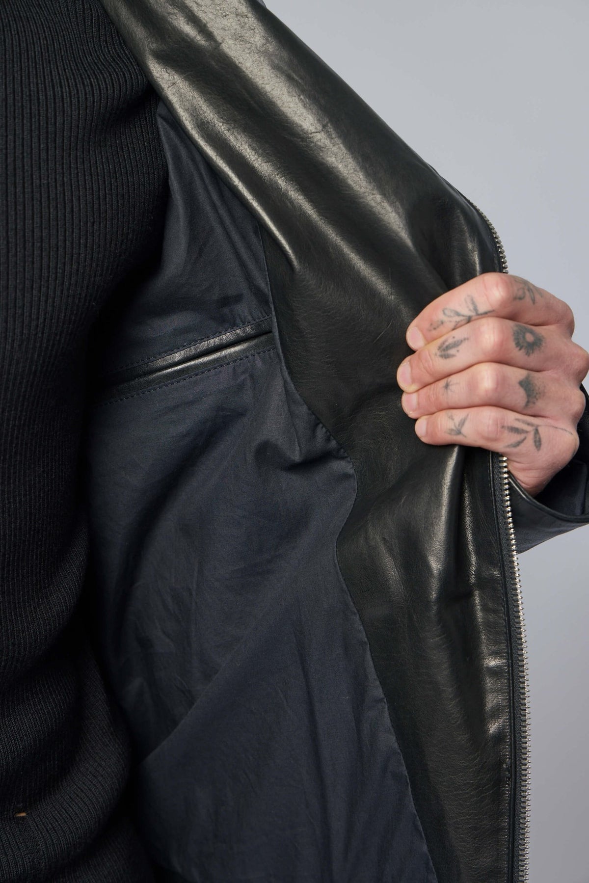 Adicianno Veventitre A1923 biker jacket worn by male model, view 8