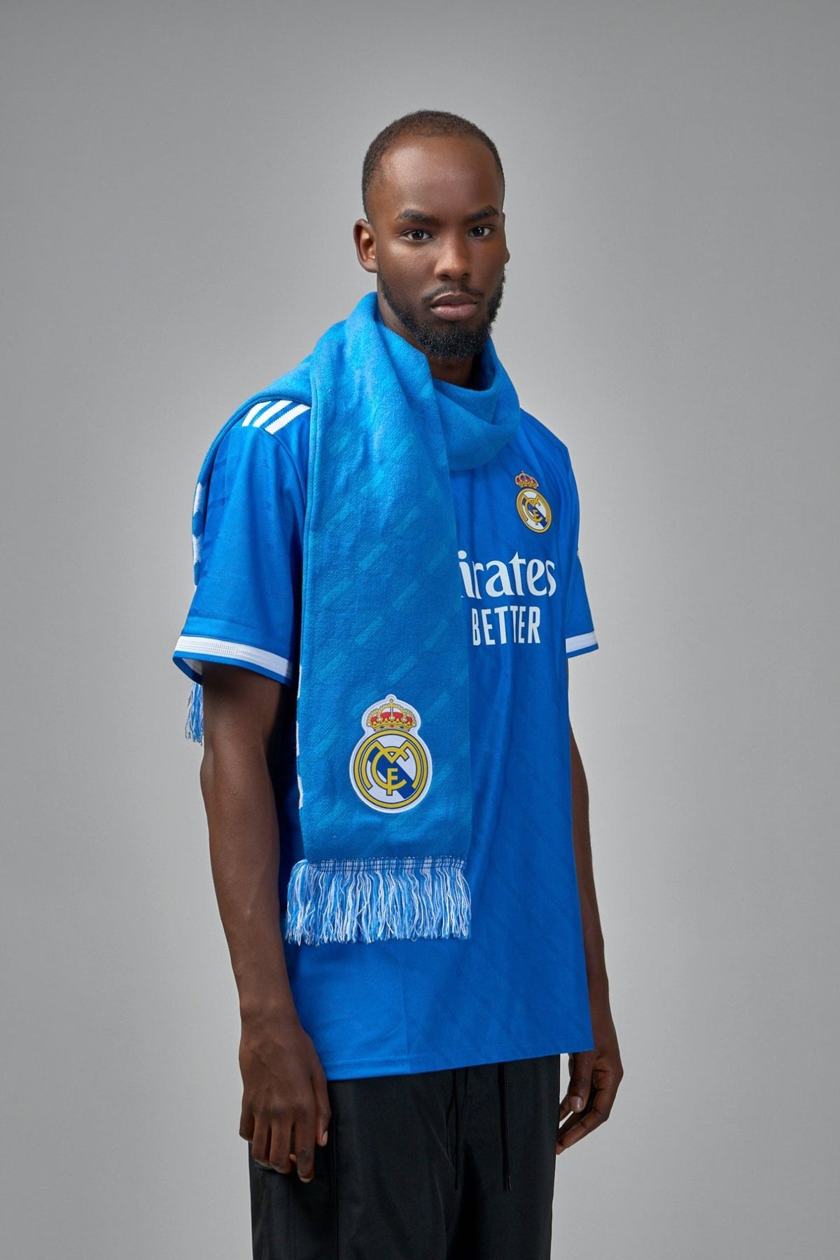 Full length view of Adidas Originals Real Madrid scarf with plain hemmed ends