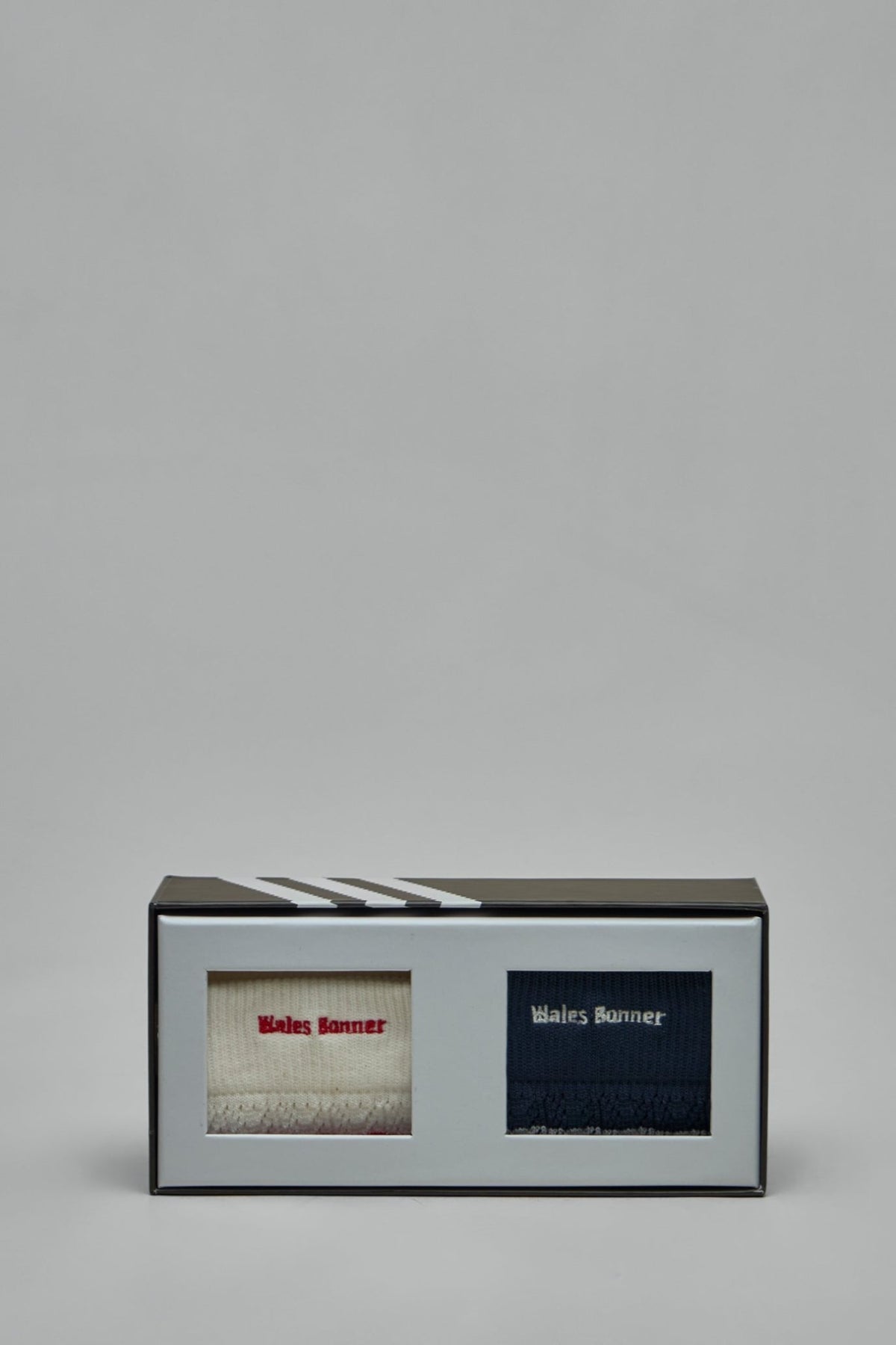 Adidas Originals x Wales Bonner Socks in black packaging with cream and navy colorways