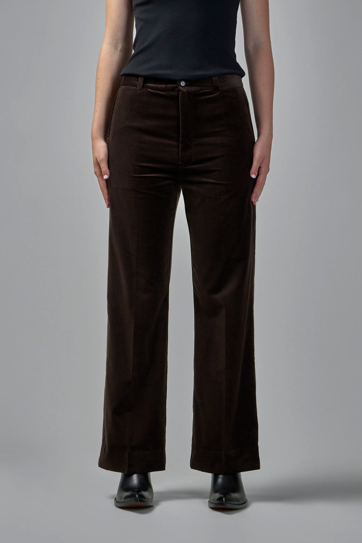 Close-up of Adnym Garcon trouser showing belt loops and tailored waistband details