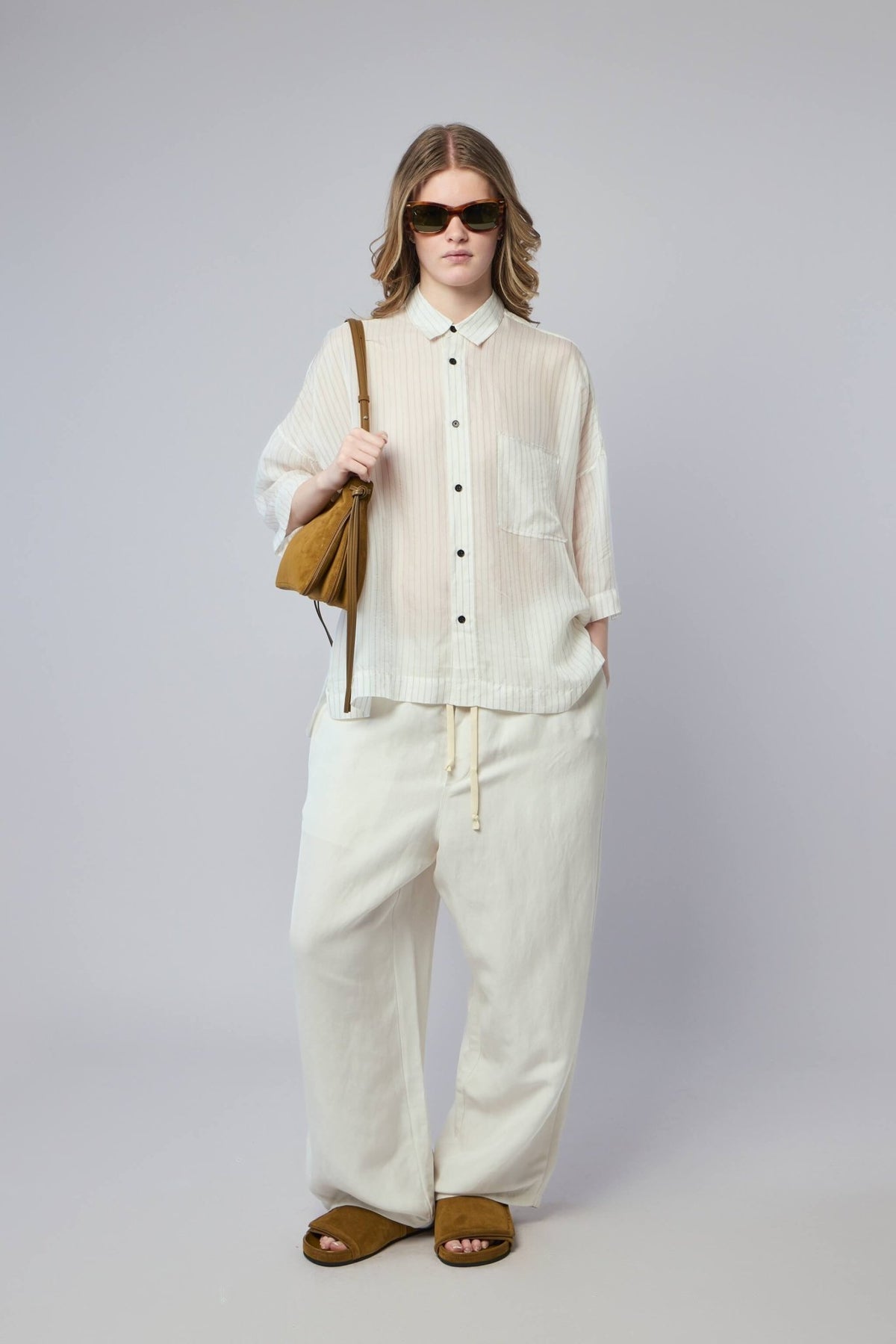 Full outfit featuring Adnym cupro shirt with modern accessories