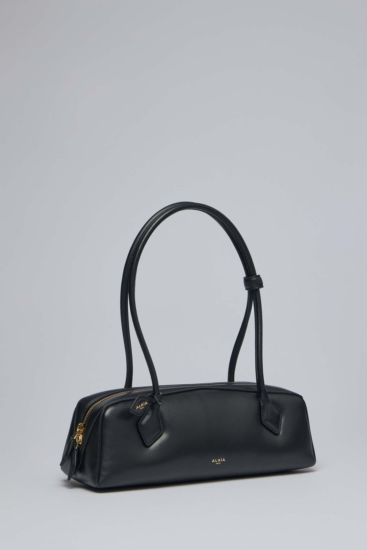 Close-up view of Alaïa Le Teckel bag showing smooth lambskin leather texture