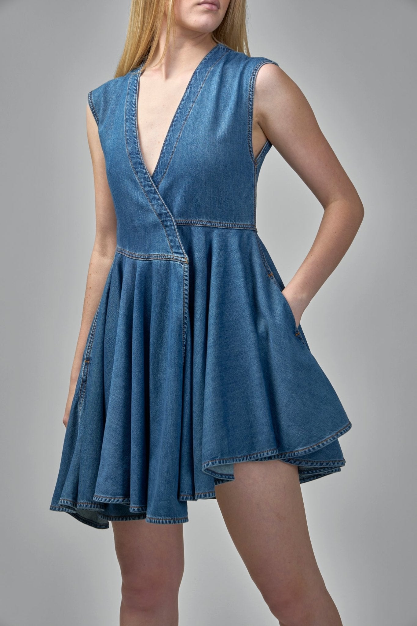 alaia belted denim midi wrap dress AlaA Wrap Denim Dress - Blue