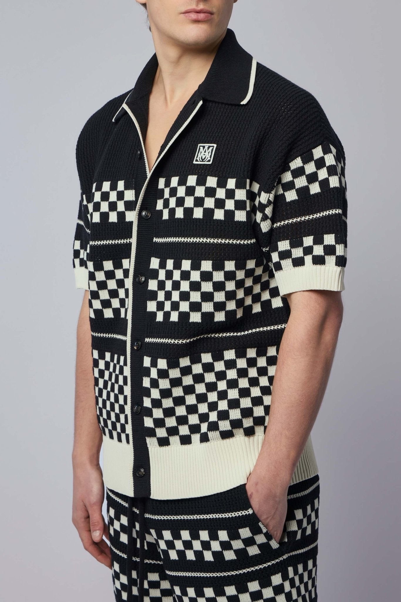 まーや　Amiri Belt Grid Printed Shirt 黒46 Amiri Checkered Mesh Shirt - Luxury Knitwear – LABELS
